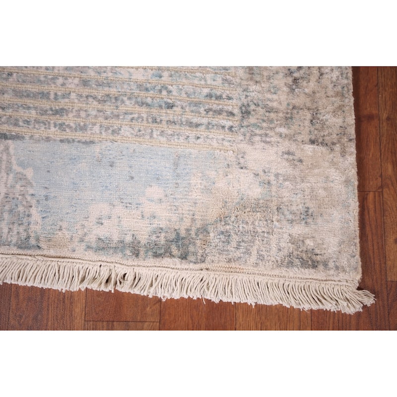 Striped Abstract Indian Runner Rug Hand-Knotted Wool Carpet - 2'7"x 9'7"