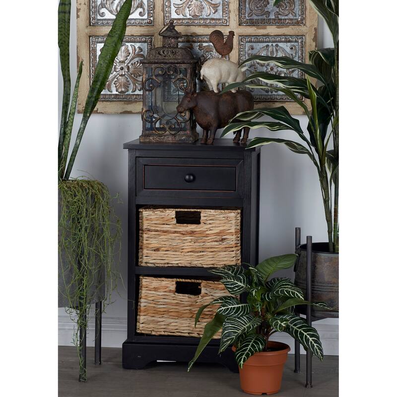 Cream, Teal, White or Brown Wood 2 Baskets and 1 Drawer Storage Unit - 16 x 13 x 28 - Black