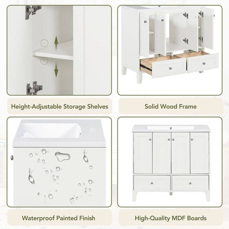 36'' Bathroom Vanity with Sink Set, Solid Wood Frame Bathroom Storage Cabinet, Freestanding Vanity Set