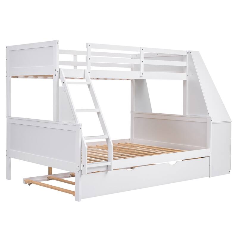 Twin over Full Bunk Bed with Trundle, Built-in Desk, Storage Drawers, and Shelf, White