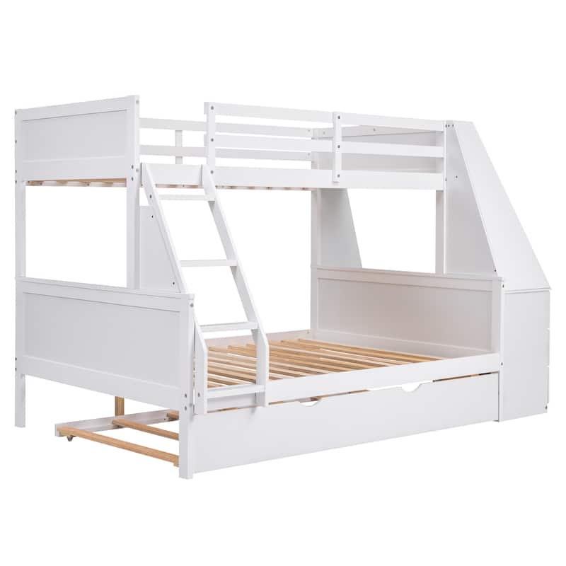 Twin over Full Bunk Bed with Trundle and Built In Desk, Versatile Pine Wood Bunk Bed Frame with 3 Drawers and Storage Shelves