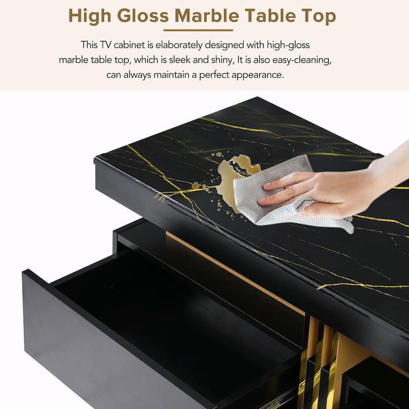 Luxury TV Stand with High Gloss Faux Marble Top for TVs Up to 78''