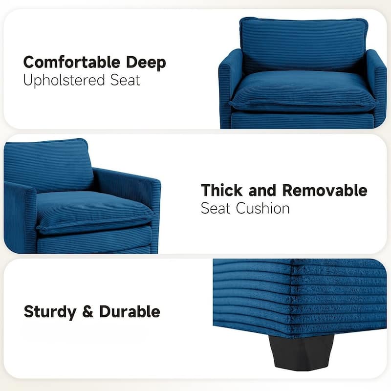 Oversized Corduroy Armchair with Plush Cushions and Movable Ottoman
