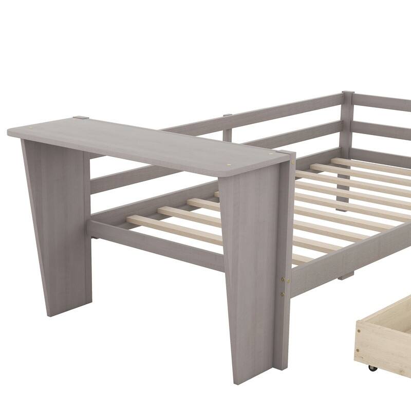 Cute Kid's Bed with Shelves, Twin Size Daybed with Desk, Pine Wooden