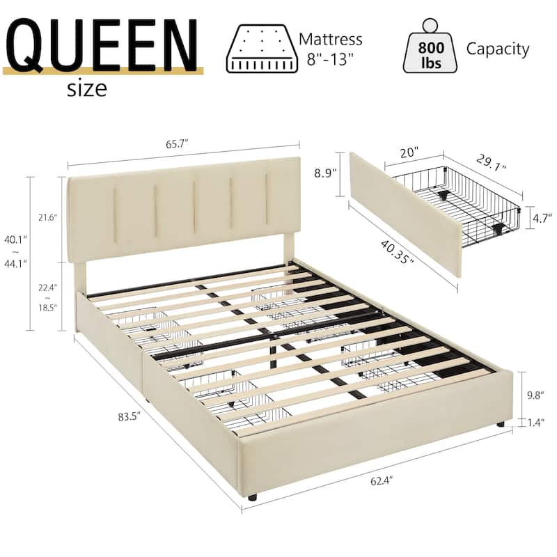 Javlergo Bed Frame with Storage Drawers, Upholstered Platform Bed Frame with Adjustable Headboard