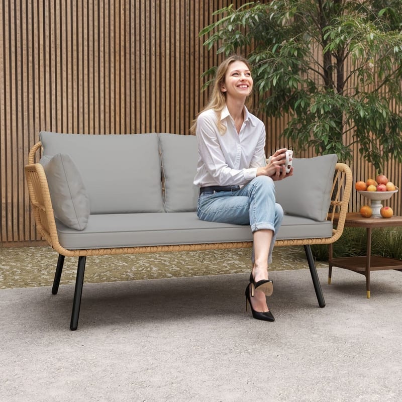 Moasis Outdoor Patio Loveseat Sofa,All-Weather Wicker Rattan 2 Seater Sofa with Cushions & Lumbar Pillows