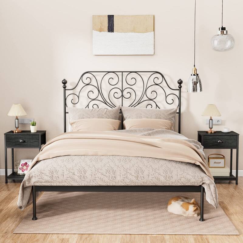 Nightstands Set of 2, Industrial End Table with Fabric Drawer&Storage Shelf, Small Bedside Table Organizer for Small Space