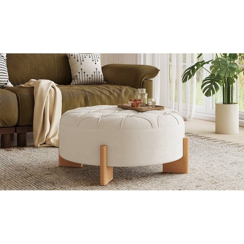 32" Round Tufted Ottoman with Solid Wood Legs, Modern Coffee Table with Tufted Buttons, Piping Lines, Chenille Fabric Footrest