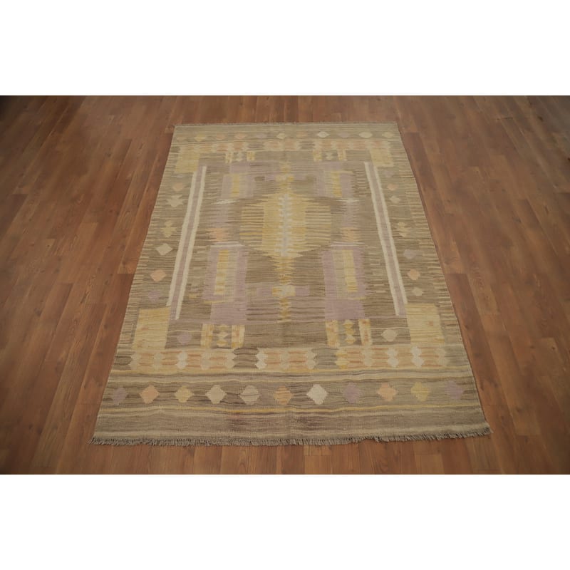 Hand Woven Oriental 100% Wool Carpet Southwestern Tribal Brown Kilim Area Rug - 5' 8'' X 4' 0''