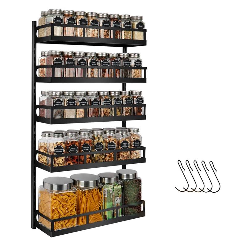X-cosrack Wall Mount Spice Rack Organizer 5 Tier Height-Adjustable Hanging Spice Shelf Storage for Kitchen Pantry Cabinet - Black
