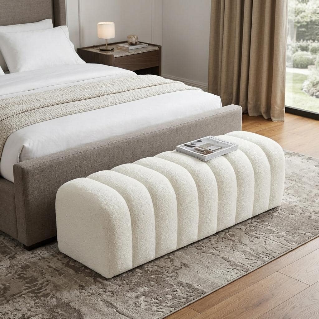 HomeRoots 59" White Tufted Boucle Upholstered Bench - 59.00 in. x 18.00 in. x 20.00 in.