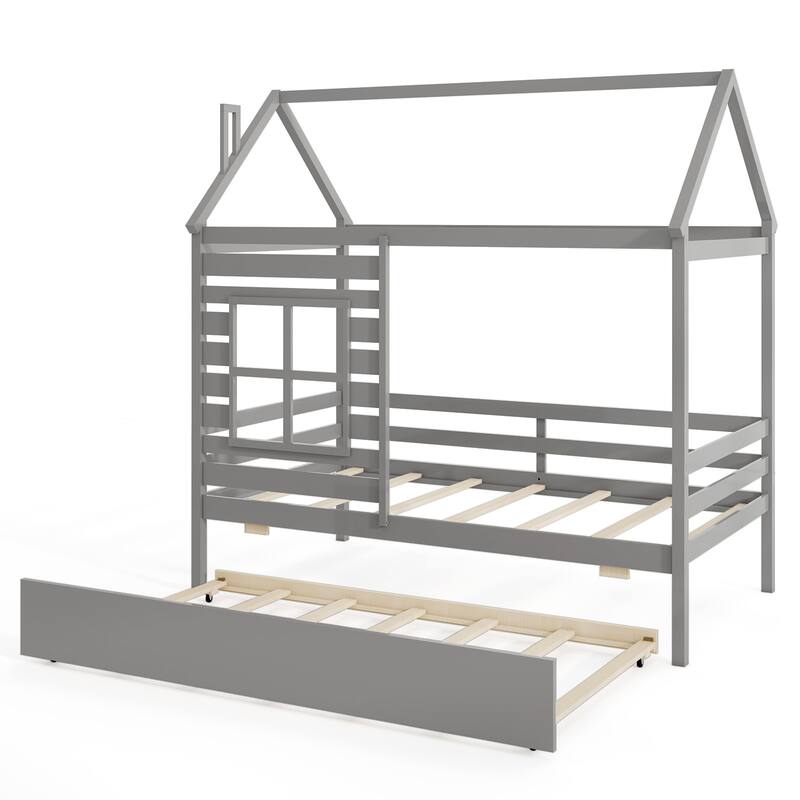 Gymax Twin Size House Bed with Trundle Wooden Platform Bed w/ Roof