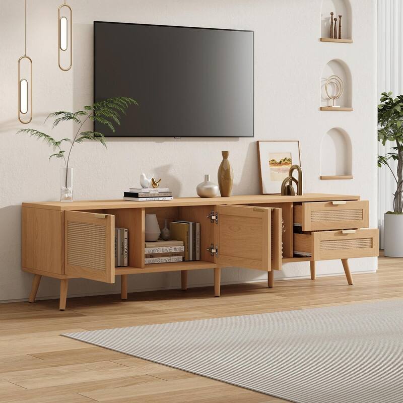 70" Modern TV Stand with Rattan Doors for TVs up to 80", Media Console with Storage, 2 Drawers & Cable Holes