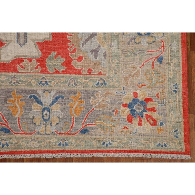 Red Floral Oushak Vegetable Dye Area Rug Handmade Wool Carpet - 8'2"x 9'11"