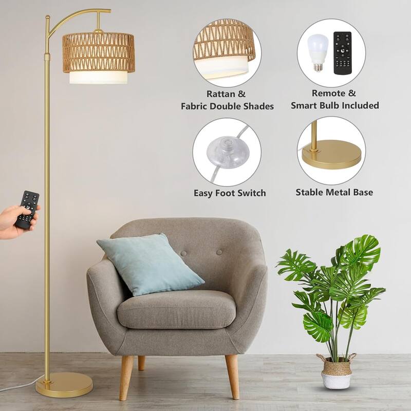 Gold Arc Floor Lamps with Remote & Dimmable LED Bulb, 3 Color Temperatures, Rattan & Fabric Shades, Adjustable Tall Lamp