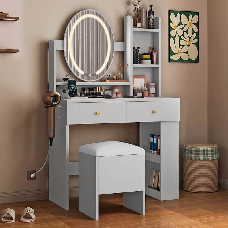 Moasis Makeup Vanity Set With Storage Ottoman and LED Lighted Mirror & Charge Station