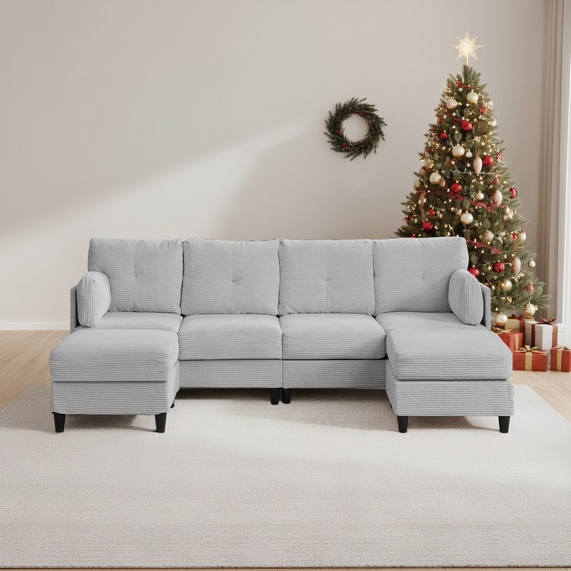 Mixoy W89inch U-Shaped Corduroy Sectional Sofa with Reversible Ottoman,Upholstered 4-Seater Sofa - 4+2 - Light Grey