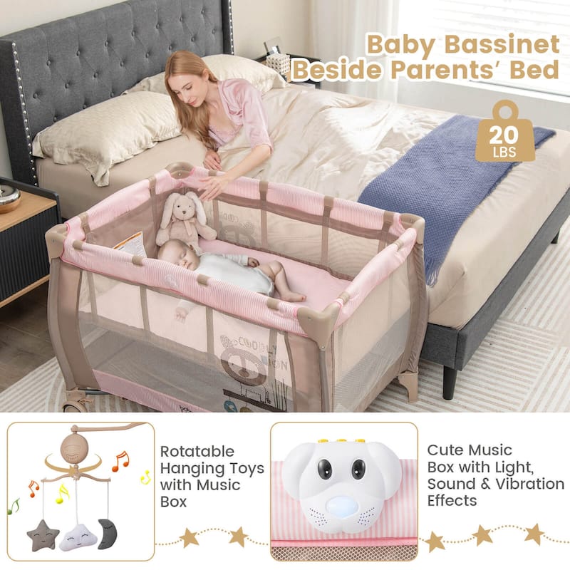 Costway Portable Baby Playard Nursery Center Crib with Hanging Toys & - See Details
