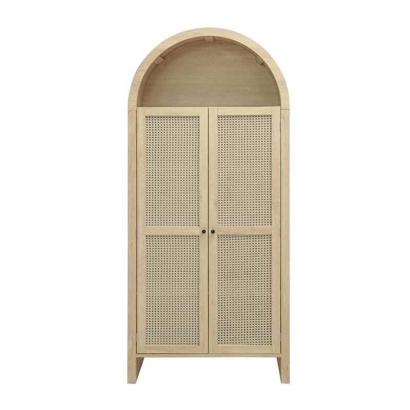 GDFStudio - Arched Natural Rattan Tall Pantry Storage Cabinet with Adjustable Shelves