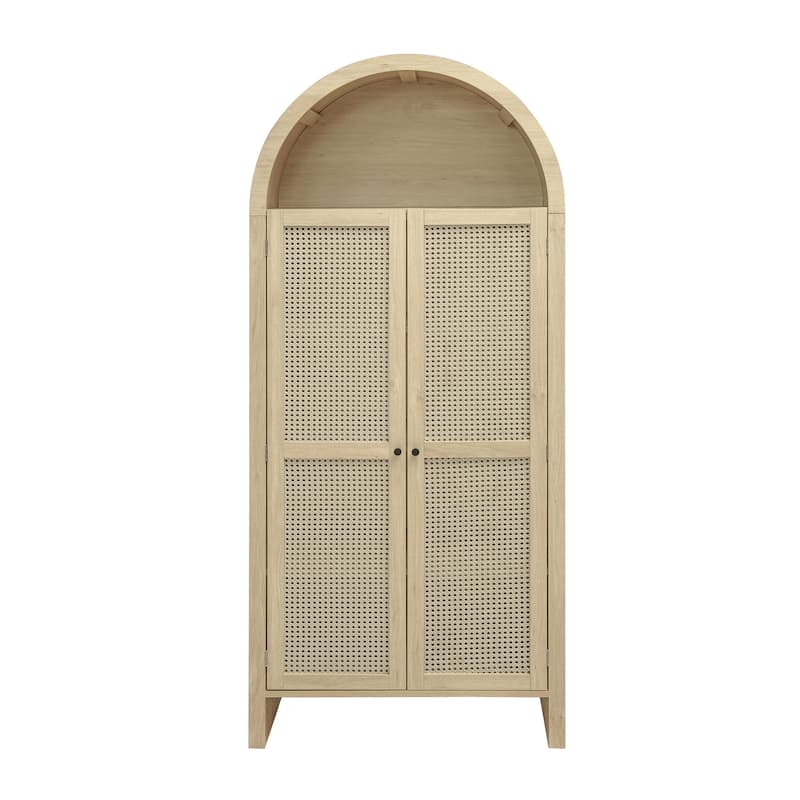 Roomfitters 70.28" Tall Arched Kitchen Pantry Cabinet, Modern Farmhouse Storage Cabinet with Glass Doors, Natural
