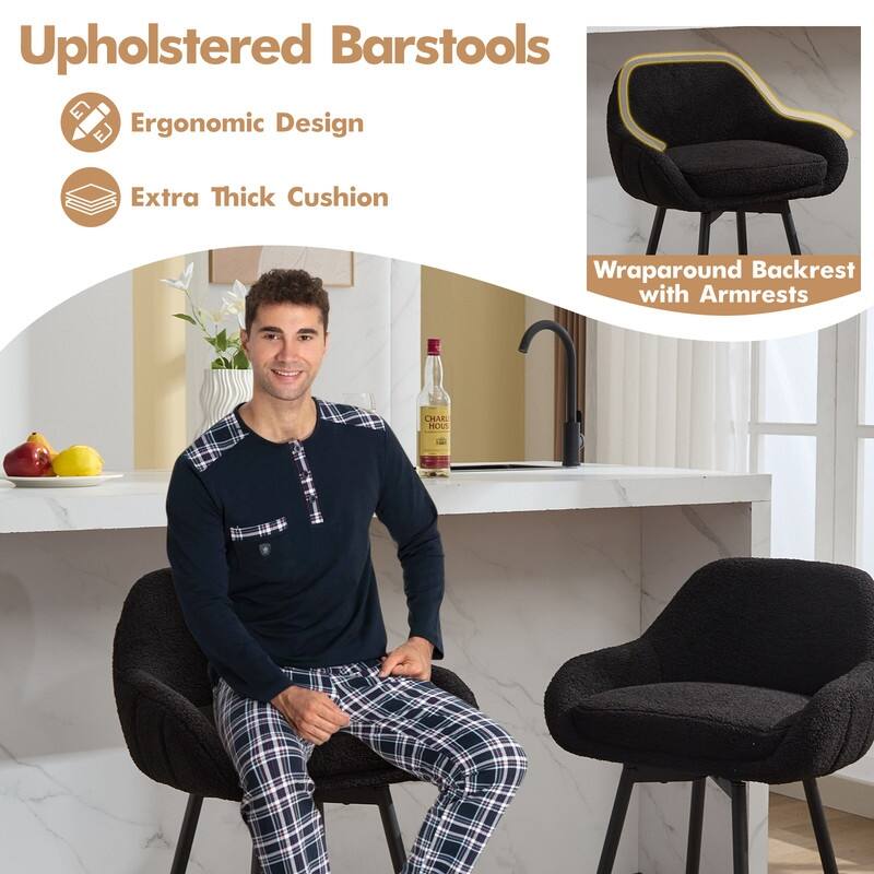 26" Counter Height Swivel Bar Stools, Upholstered Sherpa Barstools with Back for Kitchen Island