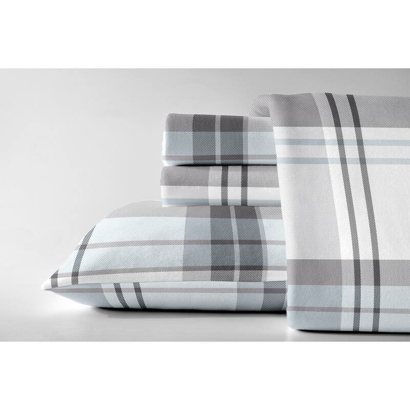 Dormisette Luxury German Flannel 6-Ounce Cotton Bed Sheet Set - Queen - Blue/Gray Plaid