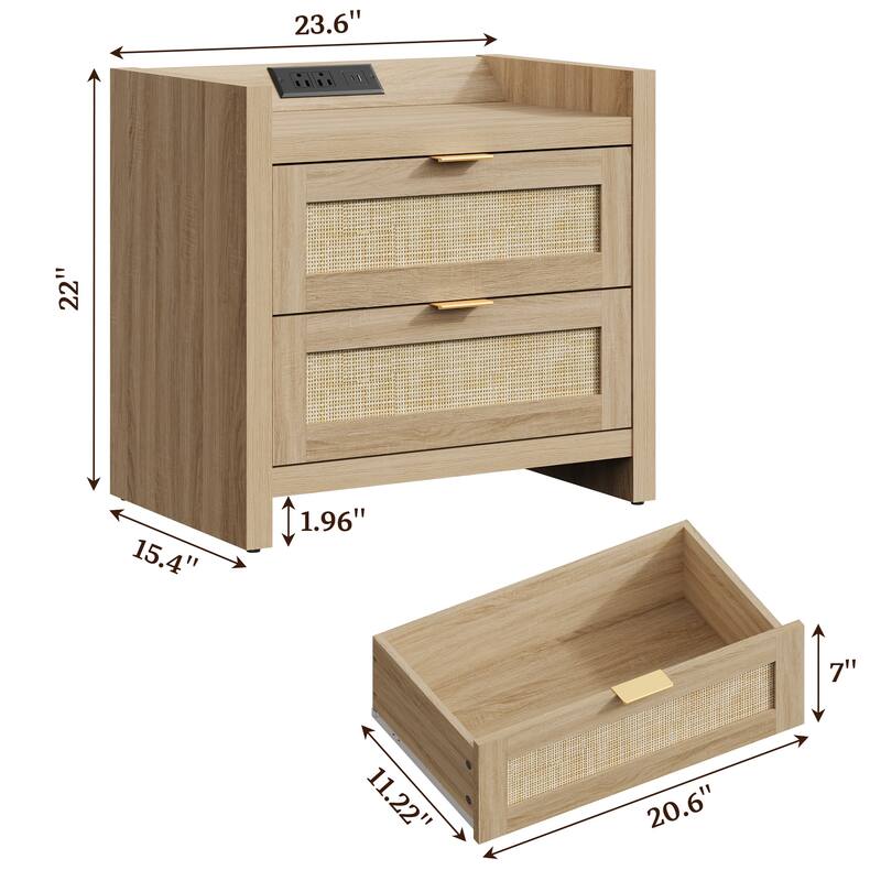 Farmhouse Nightstand with Charging Station and Drawers