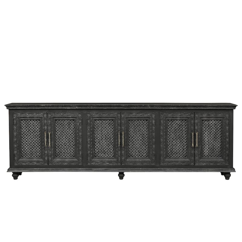 Clara Floral Carved Solid Wood Sideboard with Six Doors - Black