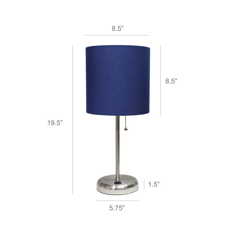 19.5 in. Brushed Steel Finish Table Lamp with Blue Shade, Durable Stick Lamp for End/Side Tables, Set of 2