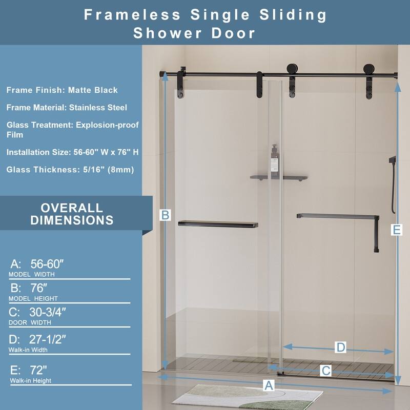 56-60" W x 76" H Single Sliding Frameless Shower Door with 5/16" (8mm) Tempered Glass & Dual Towel Bars