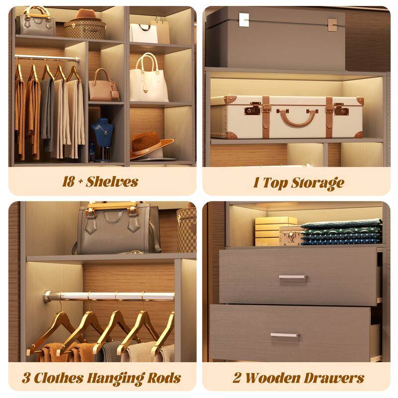 Rackcog 63.2'' W Corner Closet System with 2 Wooden Drawers and 3 Hanging Rods, Walk-in Closet Organizer with 12 Storage Shelves