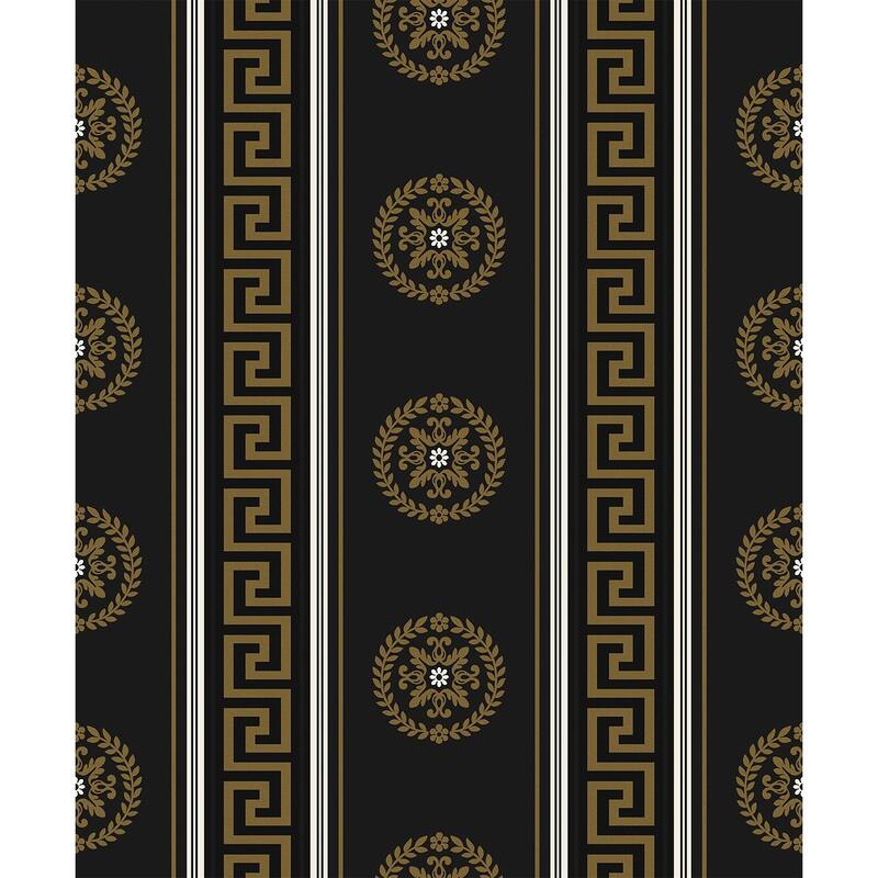 Seabrook Designs Classico Medallion Stripes Non-Woven Unpasted Wallpaper - 20.5 in. W x 33 ft. L - Black & Metallic Gold