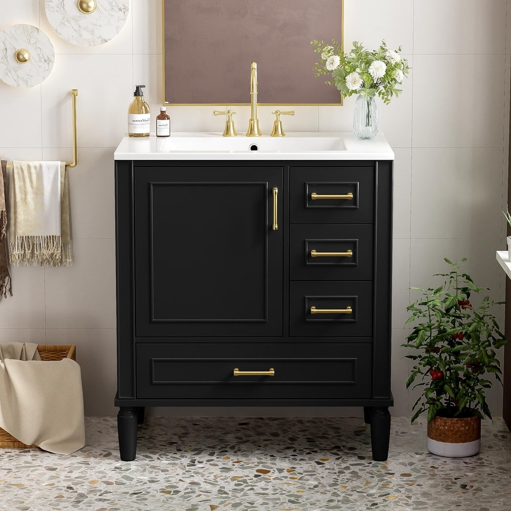 30" Freestanding Single Sink Storage Cabinet Bathroom Vanity with Gold Handles, Groove Decoration and Overflow Drain Protectio