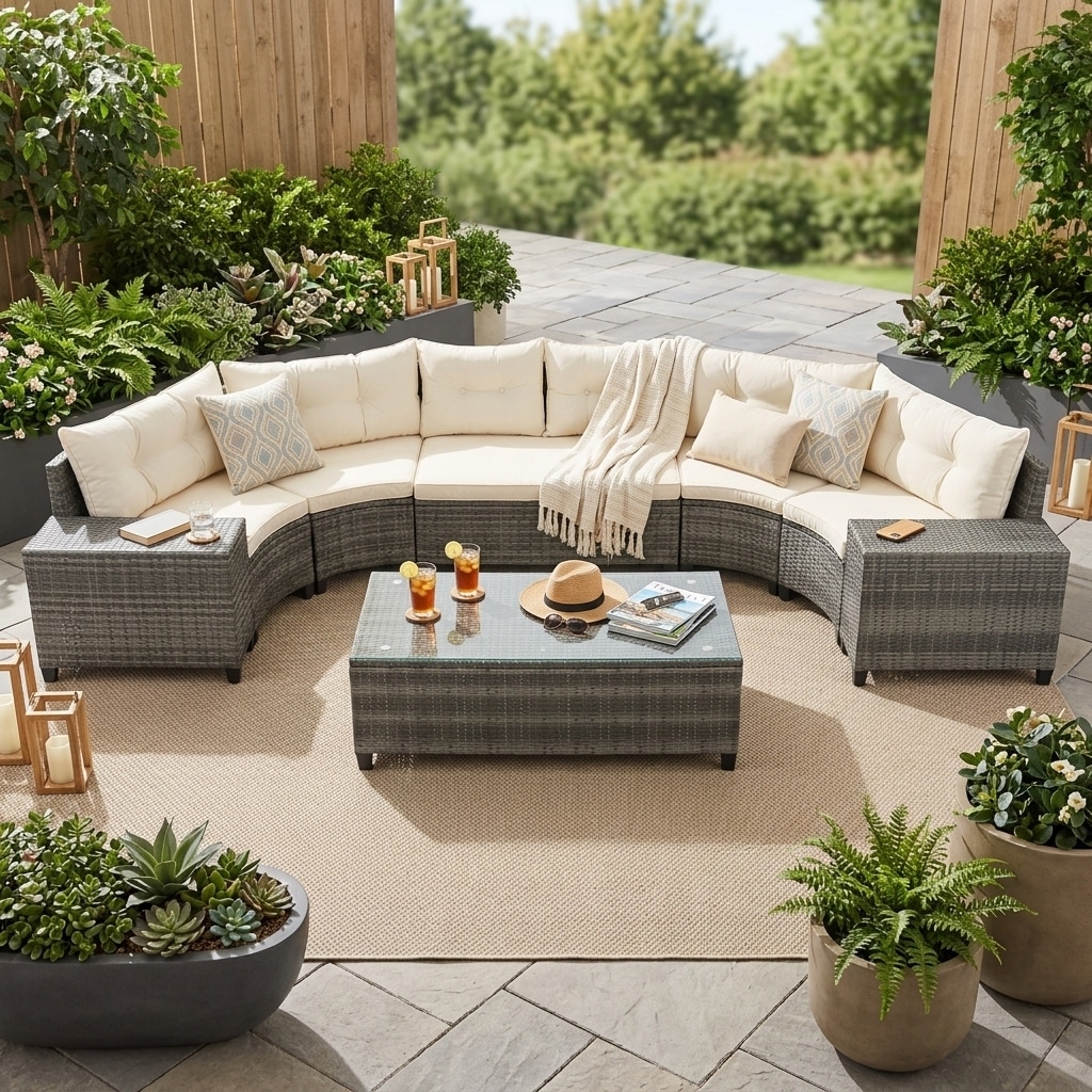 8-Piece Outdoor Wicker Round Sofa Set with Tempered Glass Coffee Table by Leisure Zone