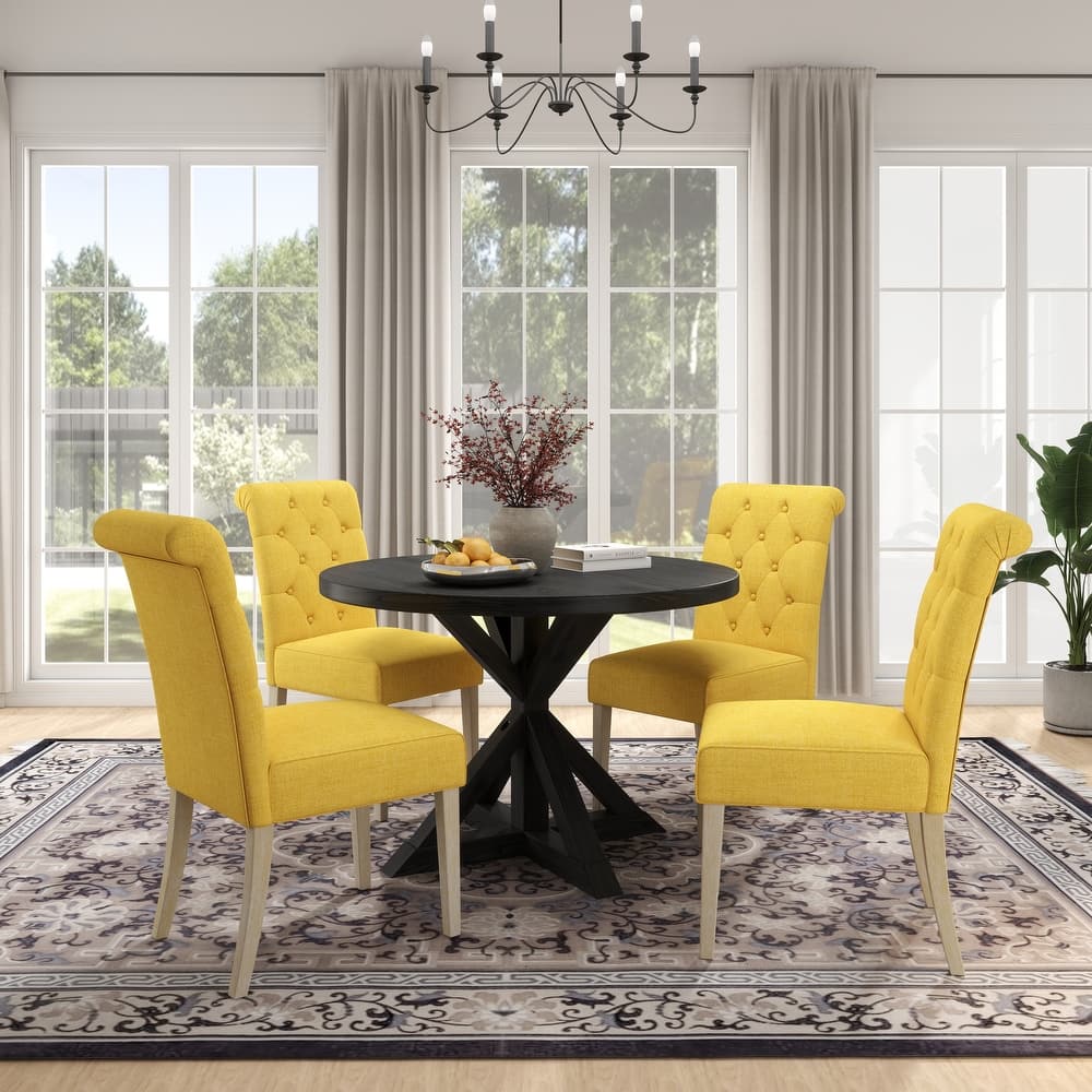 5 Piece Dining Table Set, Wooden Kitchen Furniture Set, Round Table with Cross-Buck Pedestal Base and 4 Tufted Chairs