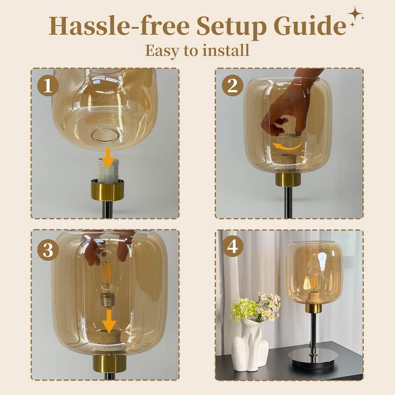 Industrial Bedside Table Lamp Amber-tinted Glass Lampshade Nightstand Desk Light