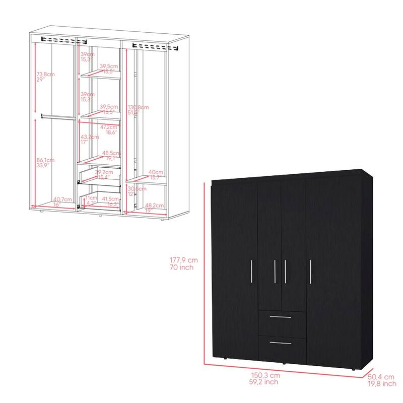 19.8" Modern Four-door Armoire with Hanging Rod, Two Spacious Drawers and Three Shelves