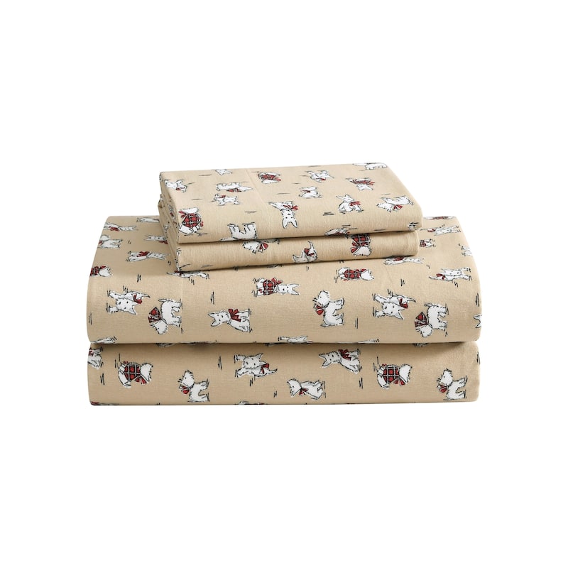 Laura Ashley Printed Cotton Flannel Sheet Set - Holiday Scottie Beige - King