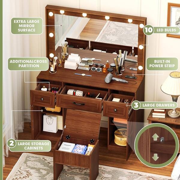 dressing table brown colour 43.3'' Wide Brown Makeup Vanity Dressing Table with Adjustable Lighted Mirror and Stool, Power Outlet - On Sale - Bed Bath & Beyond