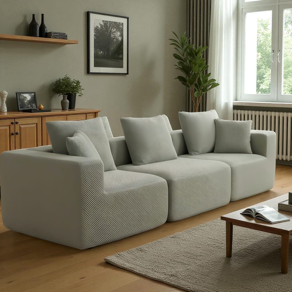 111" Oversized Modular Deep-Seat All-Foam Sectional Sofa in Soft Textured Chenille, 3-Piece Low-Profile Couch for Living Room