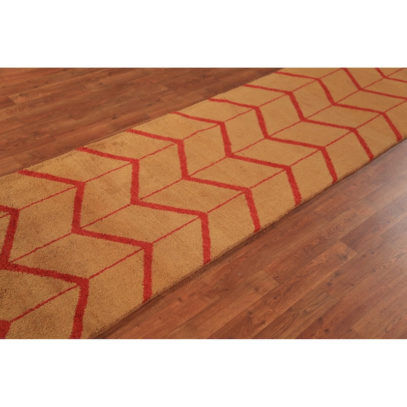 Hand Knotted Oriental 100% Wool Carpet Modern Geometric Oranges & Rust Moroccan Runner Rug - 9' 10'' X 2' 9''