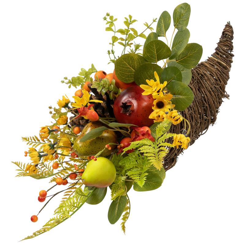 Apples, Berries and Pears Artificial Fall Harvest Cornucopia - 20" - Brown and Green