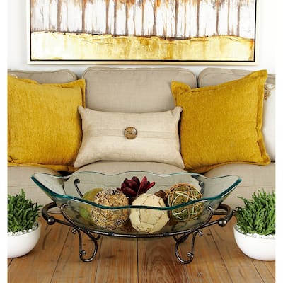 Clear Tempered Glass Scalloped Edge Kitchen Serving Bowl with Bronze Metal Scroll Stand