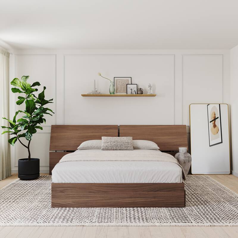 Nexera Storage Bed with Headboard, Walnut