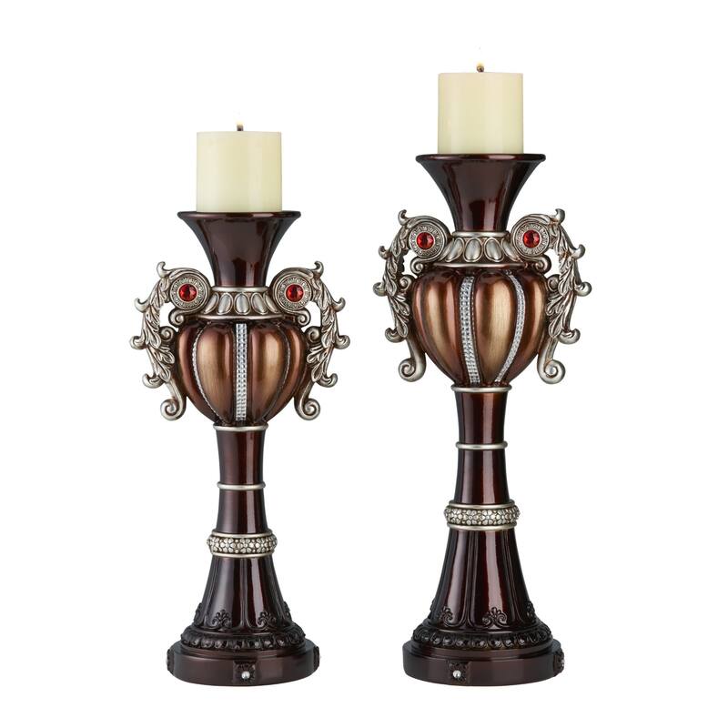 Set of 2 Bronze Urn-Shaped Pillar Candle Holders with Red Gemstone Accents and Ivory Pillar Candles - 7.5" x 5" x 16.18"