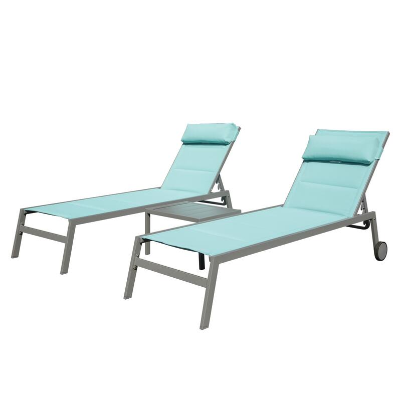 Outdoor Aluminum Patio Chaise Lounge Set of 3 with Side Table and Wheels, Padded Adjustable Recliner for Poolside, Beach - Lake Blue
