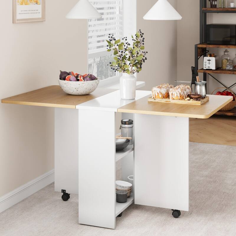 Space Saving Folding Dining Table with 2 Tier Storage - Wood