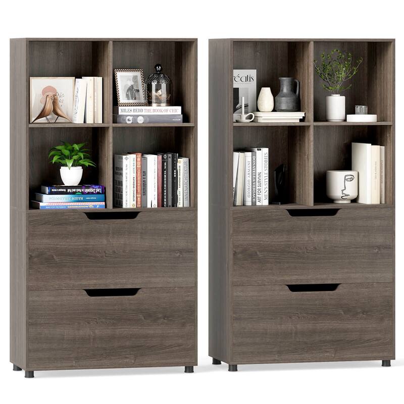 Costway 2PCS 51” 5-Tier 4-Cube Bookcase with 2 Drawers for Living - See Details