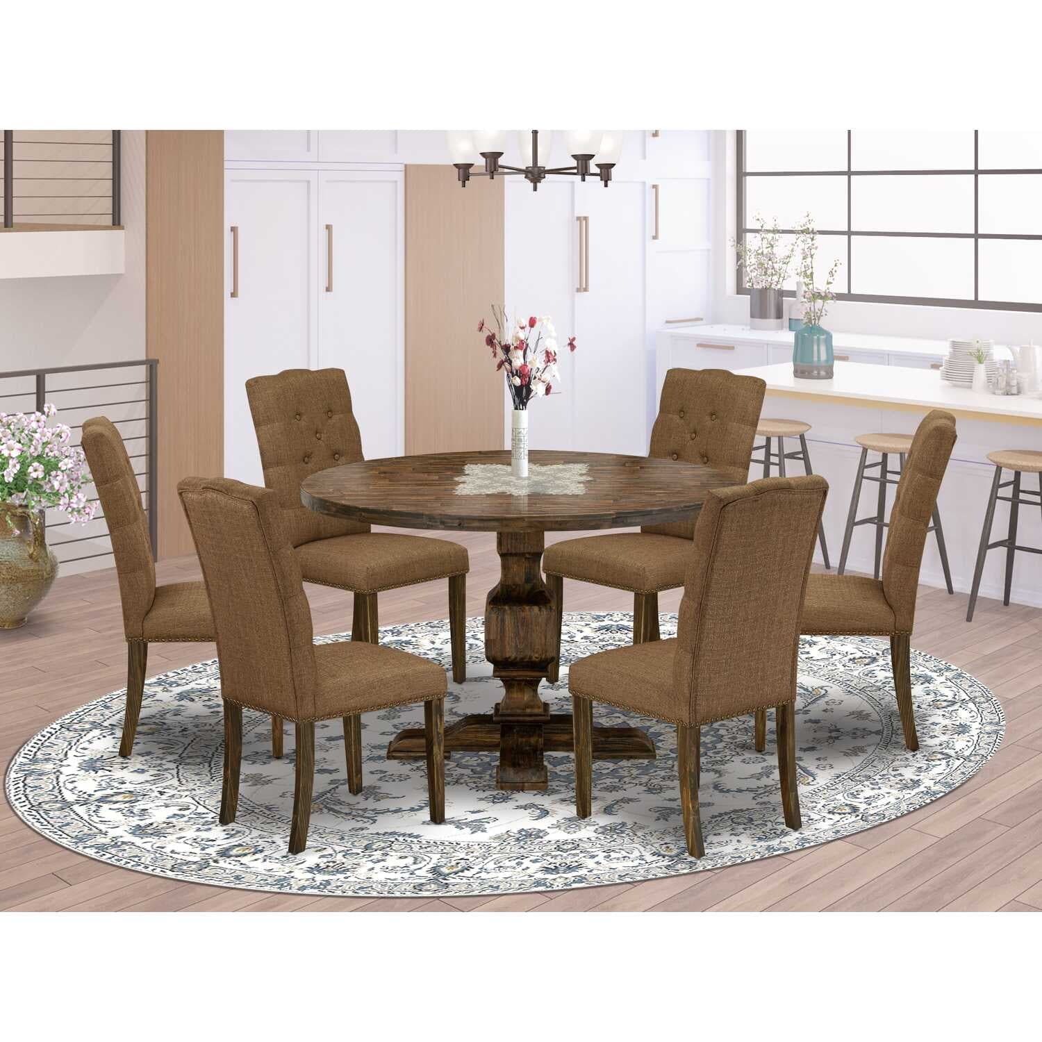 HomeStock 3-Piece Distressed Jacobean Finish Solid Wood Top Dining Table with 2-Upholstered Chairs