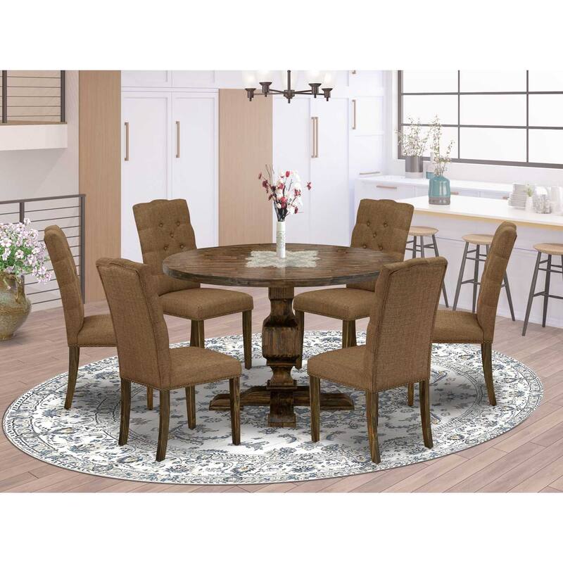 HomeStock 3-Piece Distressed Jacobean Finish Solid Wood Top Dining Table with 2-Upholstered Chairs